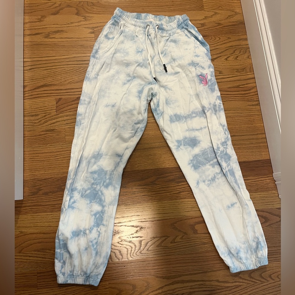Playboy- Misguided Blue and White Tie-Dye Joggers